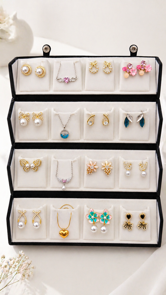 16 Multi Design Earrings & Pendant Set with Premium Velvet Jewellery Organizer Box for Women